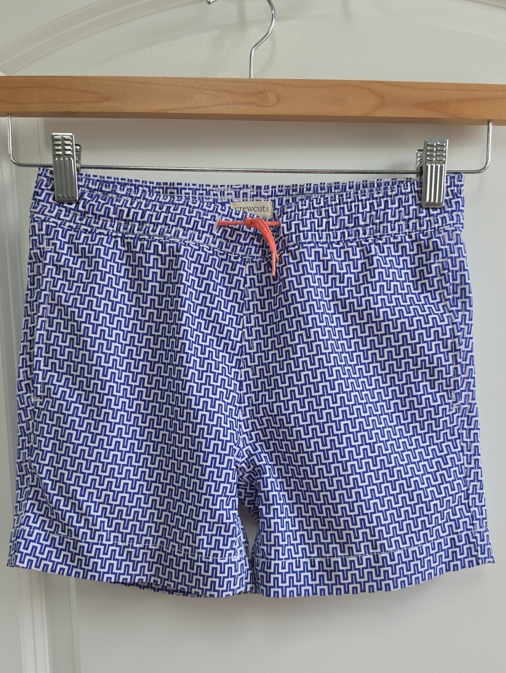 Crewcuts Navy & White Geometric Swim Trunks with Coral Drawstring